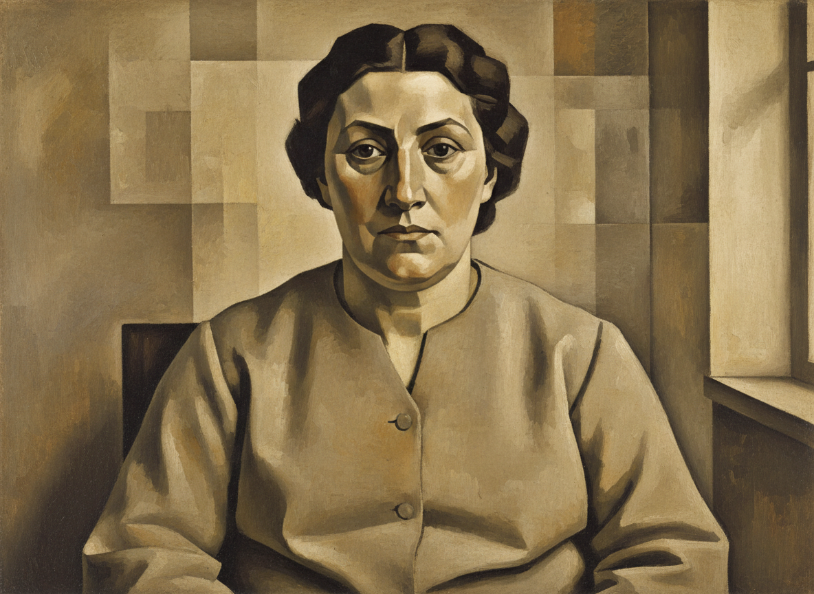 A portrait inspired by Gertrude Stein in the style of early Picasso, capturing a 1906 Cubist aesthetic. The image should be striking, painterly, and suitable as a featured blog image, with neutral tones and a focus on Stein's strong features reminiscent of Picasso's portrait.