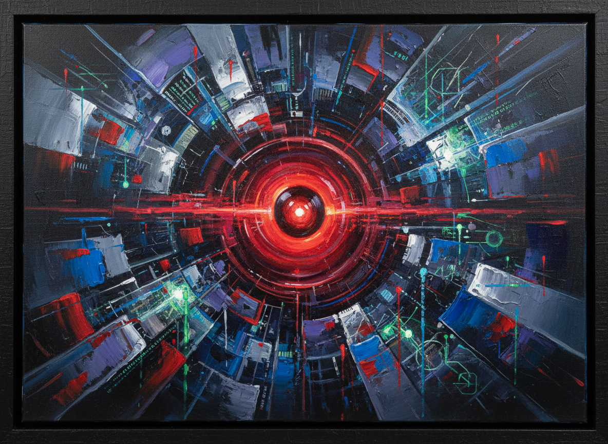 An abstract painting representing a HAL-inspired agentic AI, evoking the iconic red eye, futuristic forms, and a sense of digital intelligence. Use bold brush strokes, rich colors, and layered textures to convey a mysterious, high-tech, and evocative mood.