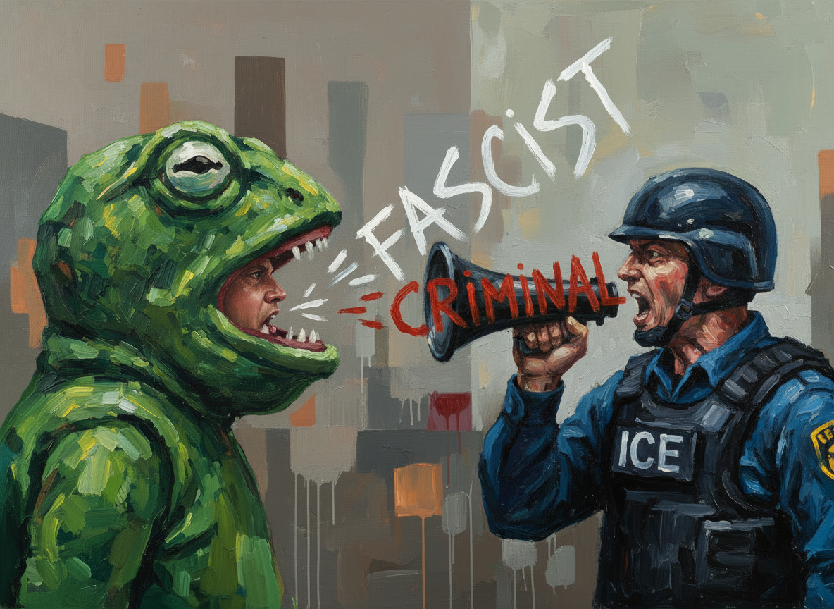 Recreate the provided image, keeping every aspect exactly the same—style, composition, and text—except the frog is now a man in a realistic frog costume. Heads are at equal level, and all text and artistic painting style remain unchanged. No additional elements or changes.